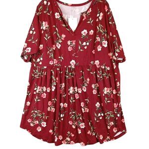 SHIJIALI Top Women's Plus Sz 3XL Red Floral Henley V-Neck Tunic Casual Lagenlook